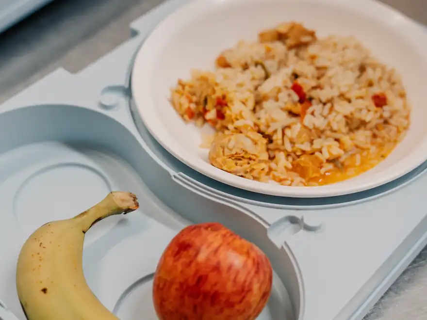 Tabuleiro de refeição pronto: prato de arroz de frango, uma banana e uma maçã.